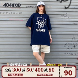 404MOB宽松慵懒风卡通猫咪简约线条印花2024夏短袖T恤情侣装