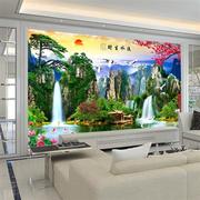电视背景b墙壁纸迎客松，壁画山水中式客厅，装饰影视墙布流水生财