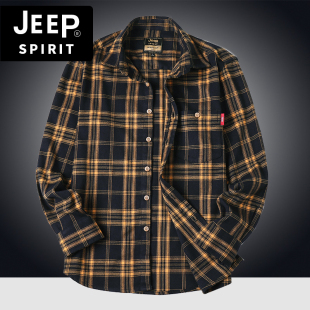 jeep吉普春秋男士商务休闲格子，磨毛大码宽松长袖，衬衫潮男衬衣外套