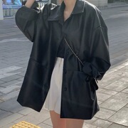 港风黑色翻领pu皮外套女秋冬复古宽松百搭仿皮夹克上衣机车服