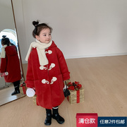 款女童红色喜庆毛呢子外套韩版儿童新年夹棉牛角扣大衣