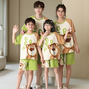 亲子睡衣一家三口装夏季纯棉短袖，母子母女全家庭卡通套装恐龙薄款