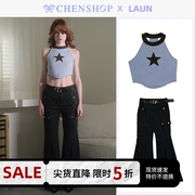 LAUN时尚蓝色星星挂脖背心深蓝色工装喇叭长裤CHENSHOP设计师品牌