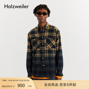 经典版型holzweiler男士，渐变潮流棉质复古休闲方领格子衬衫