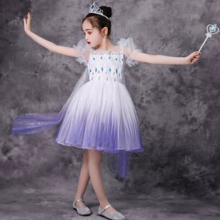 女童万圣节舞台演出服夏季艾莎公主Elsa生日蓬蓬短款白色礼服裙子