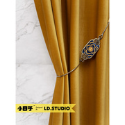 日式定型窗帘定制做比利时不倒天鹅绒复古金黄色轻奢美式现代客厅