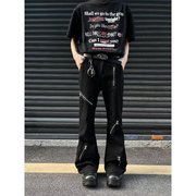 美式高街vibe黑色牛仔裤男生潮牌宽松直筒微喇拉链，设计感休闲长裤