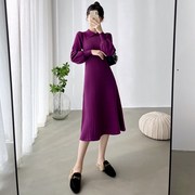 2021紫色针织连衣裙内搭长款长，裙子泡泡袖毛衣裙气质早秋冬季