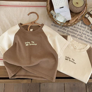 100%纯棉男童短袖t恤宝宝，夏装字母印花婴儿童装，拼接插肩袖上衣服