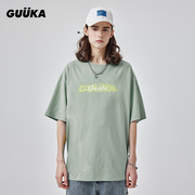 GUUKA潮牌浅绿色短袖男款重磅T恤夏季纯棉情侣落肩五分袖体恤宽松