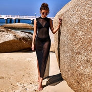 欧美风黑色网纱连衣裙女夏季无袖透视长裙沙滩罩衫性感开叉裙