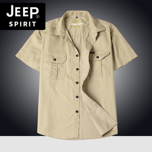 jeep吉普夏季短袖衬衫2023宽松大码工装衬衣，男多口袋纯棉上衣