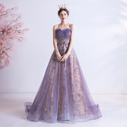 2024法式性感抹胸紫色，亮片星空长款晚礼服裙，新娘艺考演出