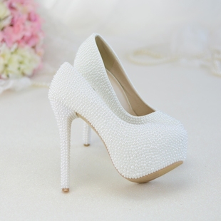 婚鞋白色女高跟防水台珍珠，细跟水晶鞋新娘鞋晚礼服伴娘鞋中跟大码