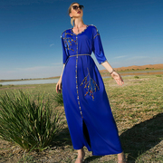 宝蓝色缎面中袖钉钻长裙，迪拜沙漠惊艳服装舞台演出连衣裙大码女装