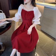 法式假两件雪纺连衣裙女夏季红色裙子质感高级感气质半袖收腰长裙