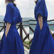 短袖克莱因蓝长裙女夏宝蓝，超长款胖mm大码欧货时尚洋气收腰连衣裙