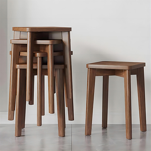 实木凳子家用现代简约餐桌，圆板凳商用胡桃色木头，方凳可叠放小椅子