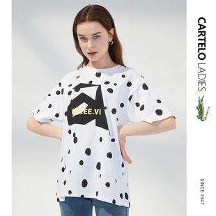 鳄鱼白色圆领T恤女夏季薄款2024纯棉大码设计感波点宽松短袖T