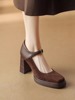 美德拉色玛丽珍鞋女法式复古棕色方头一字扣粗跟单鞋防水台高跟鞋