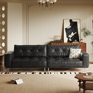 法式复古黑色真皮沙发油蜡头层牛皮小户型客厅三人直排沙发组合