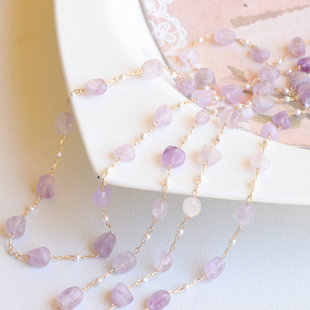纯铜保色水晶链条天然紫水晶，碎石珍珠链，diy手工饰品项链材料
