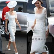高端定制凯特王妃同款白色，方领蕾丝连衣裙女过膝法式优雅端庄夏季