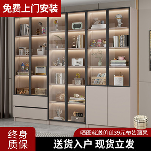 书柜家用带玻璃门客厅，一体整墙现代轻奢定制储物柜实木书架展示柜