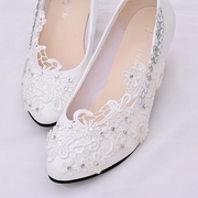 夏季大码绣花婚鞋白色水钻，花朵蕾丝新娘，鞋伴娘鞋婚纱礼服女鞋