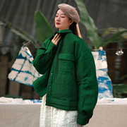 原创设计款绿色亚麻白鹅绒短外套 2022年冬季复古保暖加厚羽绒服