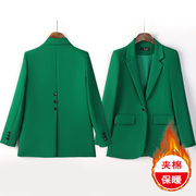 绿色夹棉西装外套女秋冬季超好看今年流行上衣2024高级感西服