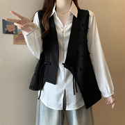大码时尚套装女秋季新中式国风设计盘扣背心马甲+长袖衬衣两件套