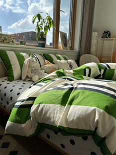 ins简约绿色条纹床上四件套全棉纯棉公寓1.5被套床单三件套少女心