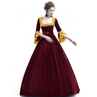 外贸欧美中世纪宫廷高腰长裙礼服万圣节女巫高端纯色连衣裙