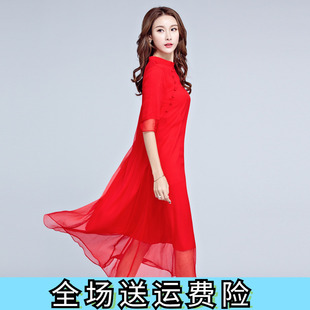 夏季连衣裙女装2022中国风改良旗袍裙民族风，红色桑蚕丝长裙跳舞裙