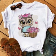 Cute owl T-shirt夏季可爱卡通猫头鹰圆领大码休闲白色短袖T恤女