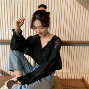 批发春季女装韩版洋气灯笼，袖性感衬衣时尚，立领镂空蕾丝衬衫