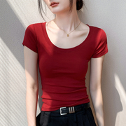 低领t恤女2023早秋收腰紧身正肩纯色，上衣红色内搭短袖打底衫