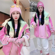 韩国东大门2023冬季撞色拼接羽绒马甲粉色卫衣，连帽马夹两件套
