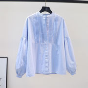 小清新浅蓝色棉衬衫女圆领灯笼，袖衬衣2023春季设计感褶皱休闲上衣