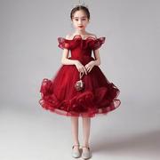 儿童礼服公主裙洋气红色蓬蓬裙，钢琴演奏女童，模特走秀演出服装秋季
