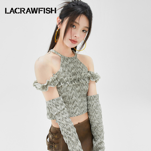 LA CRAWFISH法式温柔可拆卸袖套波浪花边肌理感露肩挂脖T恤上衣女