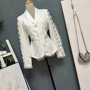潮牌高货镂空蕾丝花边长袖西装短上衣设计感白色外套0322