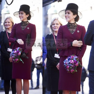 高端定制丹麦玛丽王妃同款紫红色，荷叶边西装，套装裙修身包臀ol时尚