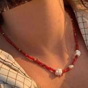 红色贝壳项链不规则贝壳珍珠，天然手工串珠锁骨，链手链组合潮流饰品
