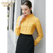 黛薇璐媤黄色小波点，长袖衬衫女春夏商务，时尚气质百搭立领上衣
