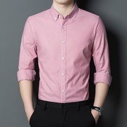 立领衬衫男士长袖，粉色春秋薄款纯棉衬衣商务，休闲上衣2021条纹