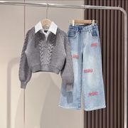 女童冬季韩版假两件衬衫加厚毛衣甜酷绣花加绒牛仔直筒裤套装