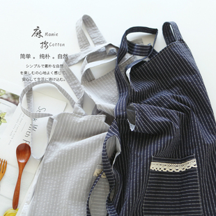 8607简约日式纯棉家用厨房，背带围裙韩版双层防水全棉围腰工作服女