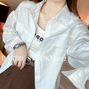 白色长袖衬衫女秋韩版欧货薄款洗水纯棉，开衫显瘦外套短款衬衣上衣